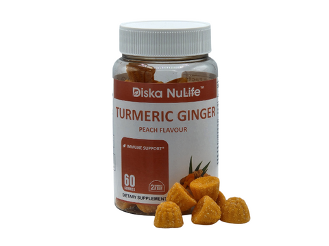 DISKA Nulife Turmeric and Ginger Gummies | Peach Flavor | 100% Vegetarian | Non-GMO & Gluten Free Supplement | Count 60