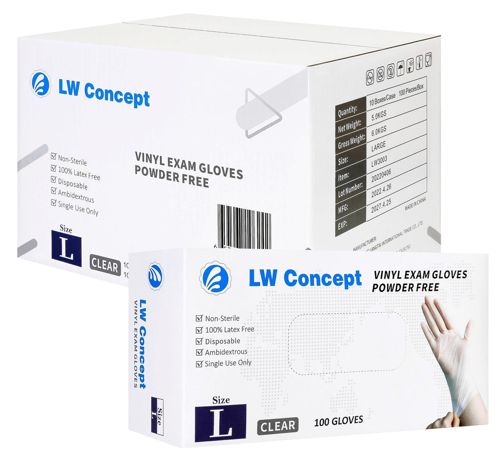 LW Concept Disposable Vinyl Gloves | 3.5 Mil Clear Latex & Powder Free Plastic Gloves, 1000 Count – Large Size