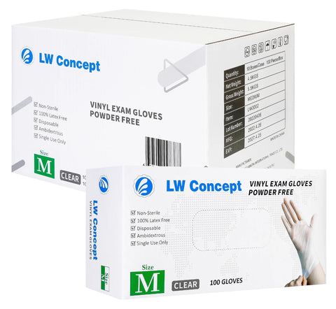 LW Concept Disposable Vinyl Gloves | 3.5 Mil Clear Latex & Powder Free Plastic Gloves, 1000 Count – Medium Size