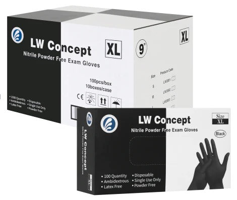 LW CONCEPT Black Nitrile Disposable Gloves - Powder & Latex-Free Disposable Exam Nitrile Gloves - ( Case Of 1,000, X - Large )